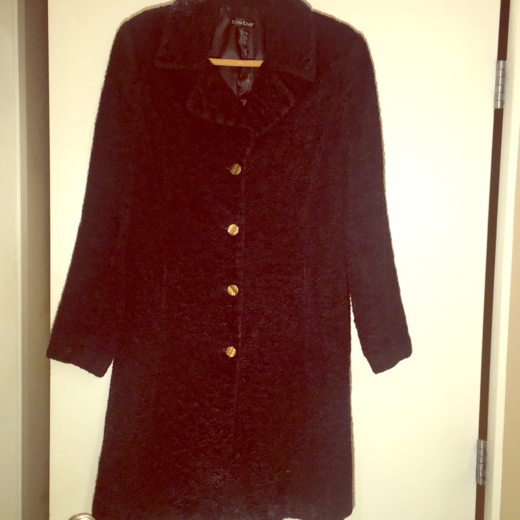 Bebe Long Black Textured Jacket With Gold Buttons!
